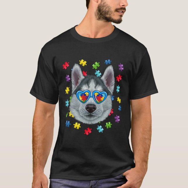 Funny Autism Siberian Husky Dog Puzzle Sonnenbrill T-Shirt (Vorderseite)