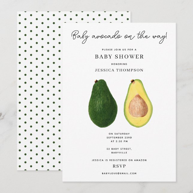 Funny Baby Avocado auf der Way Baby Dusche Einladung (Vorne/Hinten)