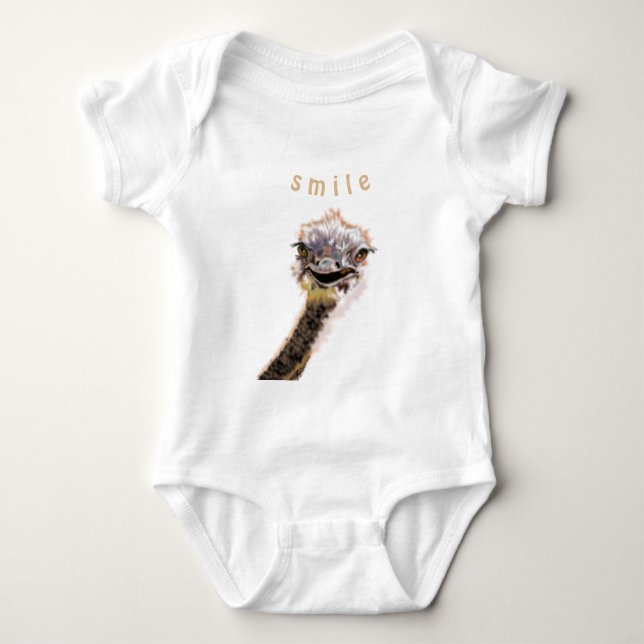 Funny Baby Bodysuit mit Playful Ostrich - Lächeln Strampler (Vorderseite)