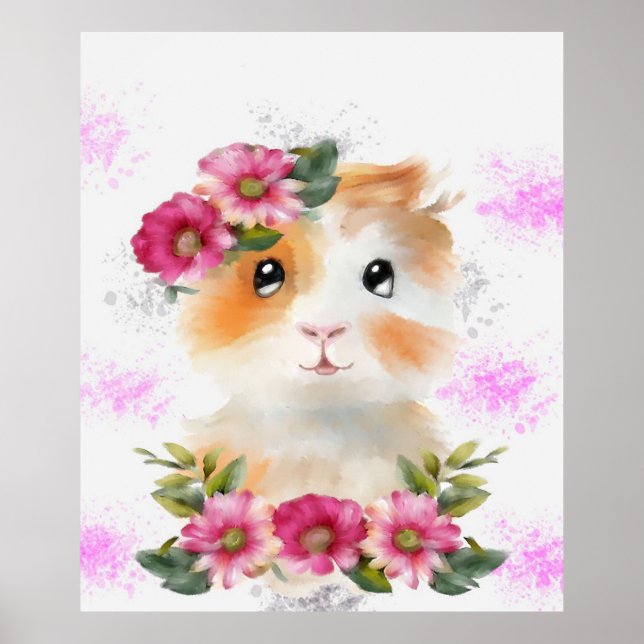 Funny Baby Guinea Pig mit Blume Geschenkliebhaber Poster (Vorne)