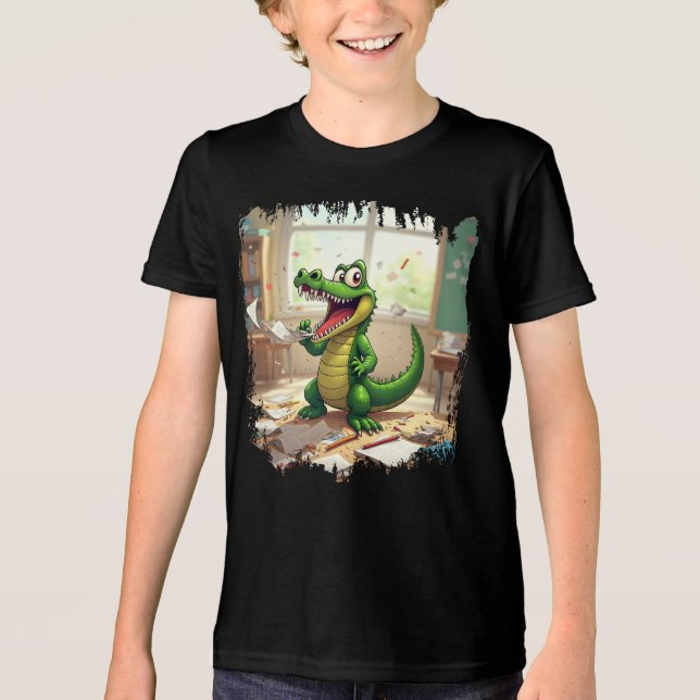 Funny Back to School Dinosaurier Eating Hausaufgab Tri-Blend Shirt (Vorderseite)