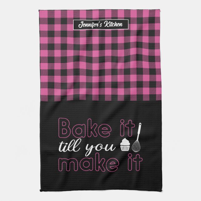 Funny Backbake es, bis Sie es rosa Kariert machen Geschirrtuch (Vertikal)