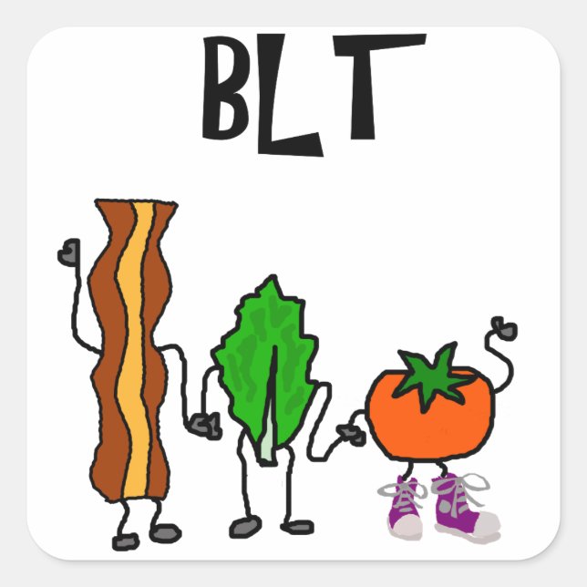 Funny Bacon, Lettuce und Tomato Cartoon Quadratischer Aufkleber (Vorderseite)