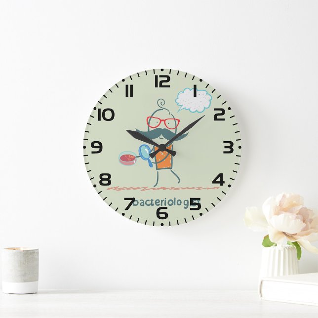 Funny Bacteriologist Scientist mit Big Mustache Große Wanduhr (Von Creator hochgeladen)