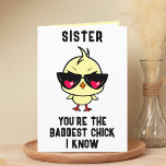 Funny Bad Chick Chicken Sister Happy Birthday Dankeskarte<br><div class="desc">Suchen Sie eine einzigartige Möglichkeit, Ihre Liebe und Ihren Spaß zu Ihrem Geschwister auszudrücken? Unsere lustige Chicken Grußkarte ist die perfekte Wahl für Ihre Tochter zum Geburtstag! Passen Sie es an, indem Sie Ihre eigene persönliche Nachricht hinzufügen. Im Design ist ein cooles Baby-Kätzchen mit einer Sonnenbrille und einem roten Herz...</div>