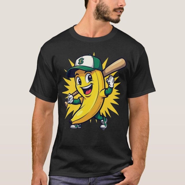 Funny Banana Baseball Mascot Logo mit Cap T-Shirt (Vorderseite)