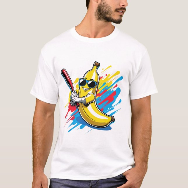 Funny Banana Swinging Baseball Funny Drip Mascot T-Shirt (Vorderseite)