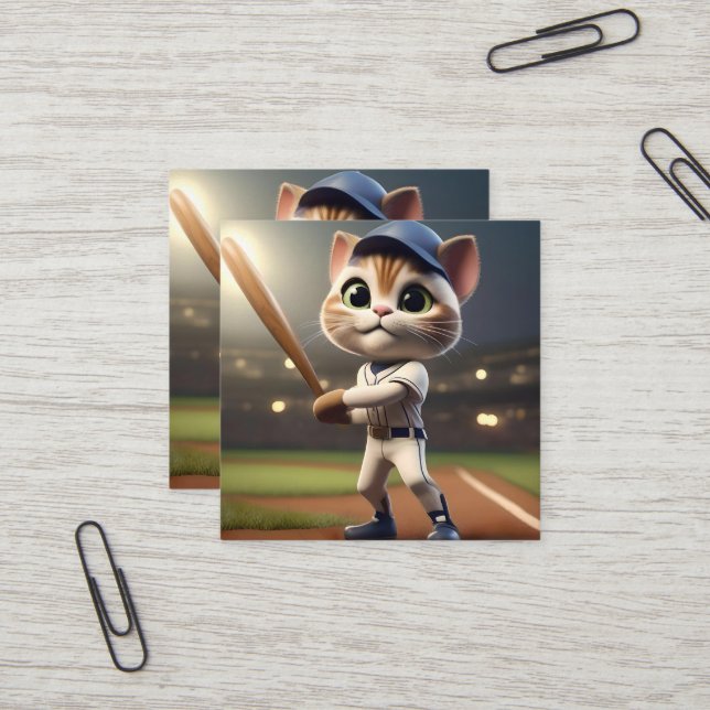 Funny Baseball Cat Quadratische Visitenkarte (Vorderseite/Rückseite Beispiel)
