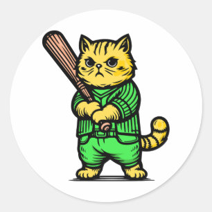 Funny Baseball Cat Runder Aufkleber