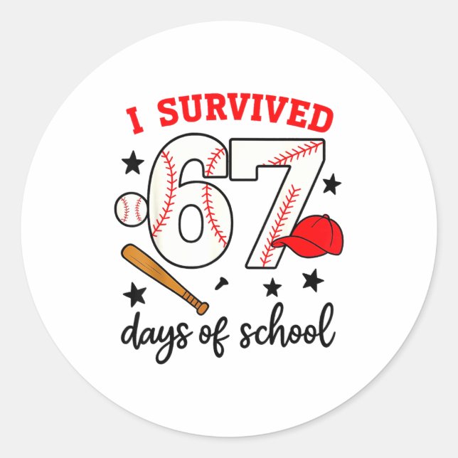 Funny Baseball I Survived 67 Days Of School Design Runder Aufkleber (Vorderseite)