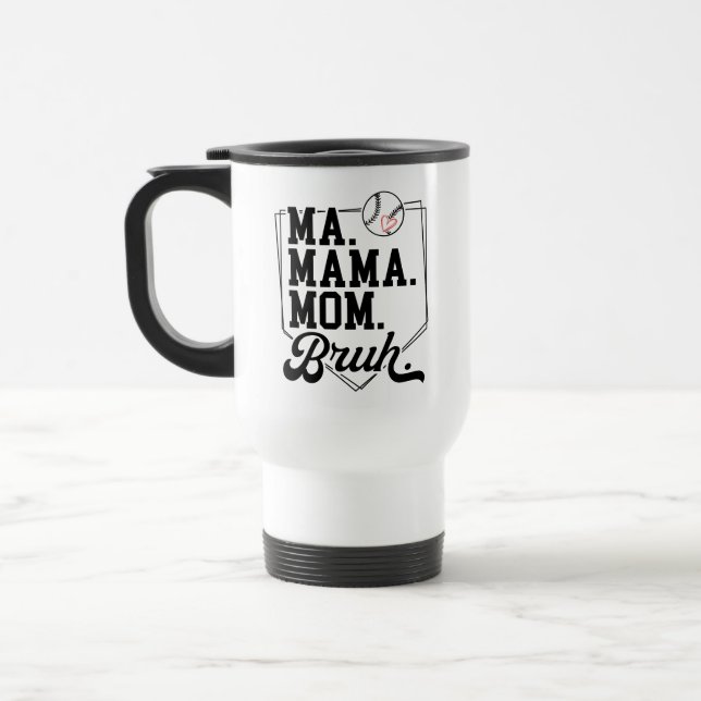 Funny Baseball Mama Bruh mit Teamname und Nummer Reisebecher (Links)
