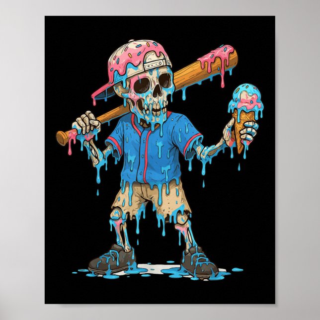 Funny Baseball Skeleton Ice Cream Drip Baseball Bo Poster (Vorne)