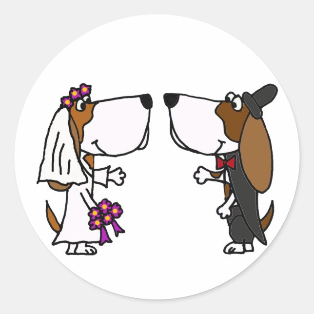 Funny Basset Hound Bridge und Groom Wedding Art Runder Aufkleber (Vorderseite)