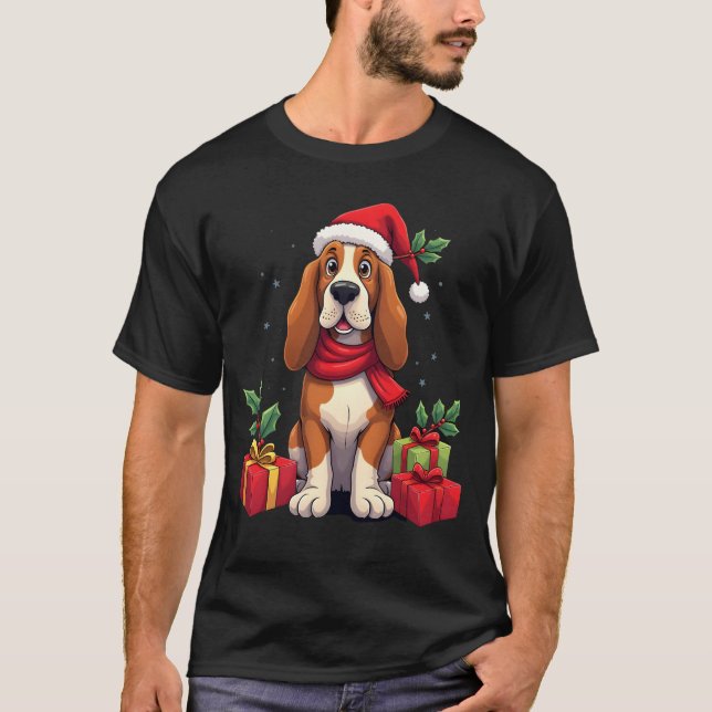 Funny Basset Hound Dog Christmas Outfits Santa Hat T-Shirt (Vorderseite)