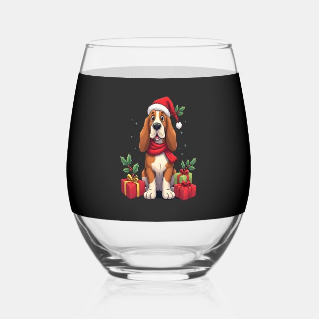 Funny Basset Hound Dog Christmas Outfits Santa Hat Weinglas Ohne Stiel (Vorderseite)