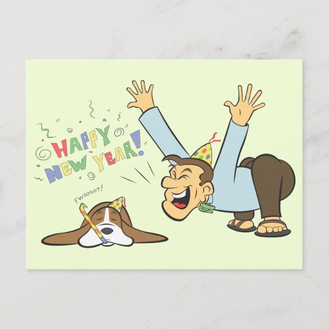 Funny Basset und Man feiern den New Years Cartoon Postkarte (Vorderseite)