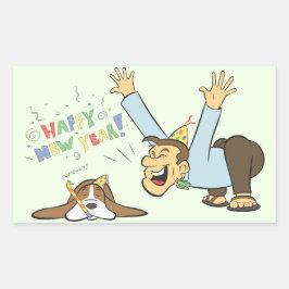 Funny Basset und Man feiern den New Years Cartoon Rechteckiger Aufkleber