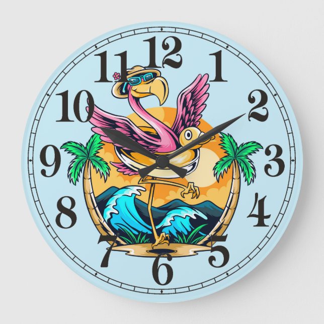 Funny Beach Tropical Flamingo Wall Clock Große Wanduhr (Vorderseite)