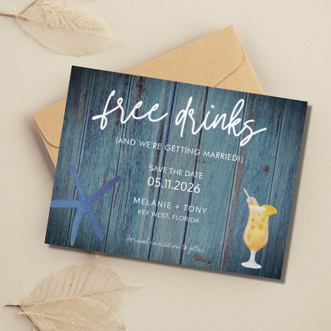 Funny Beach Wedding rettet die Termine Ankündigungspostkarte (Funny Free Drinks Beach Wedding Save the Date)