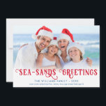 Funny Beach Weihnachtsküste Feiertagskarte<br><div class="desc">Schnelle und einfache Bestellung! Feiern Sie Weihnachten an der Küste oder gehen Sie zum Strand für die Ferien? Sie werden Ihren Freunden und Familienmitgliedern ein Lächeln bringen, wenn Sie ihnen diese "Sea-Sands Grußkarte" schicken. Mit einem lustigen Pun, dieses nautische Urlaubsdesign mit blauen Streifen, Goldtypografie und Raum für 3 Fotos. Diese...</div>