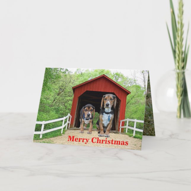 Funny Beagle Red Covered Bridge Weihnachten (Vorderseite)