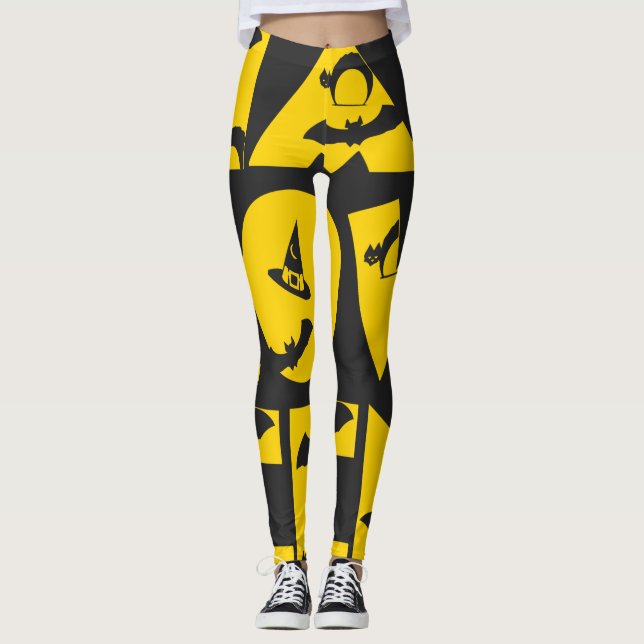 Funny Beängstigend Black Cat Bat Hexenhut TextHall Leggings (Vorderseite)