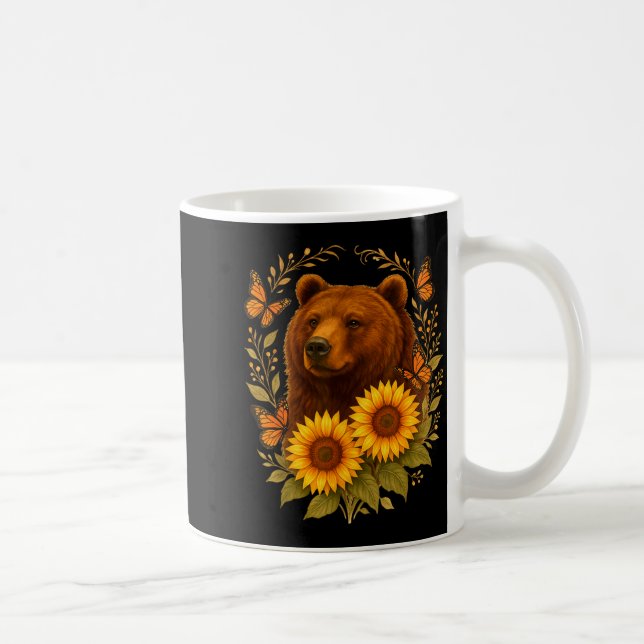 Funny Bear Butterfly Nature Rustic Sunflower Monar Kaffeetasse (Rechts)