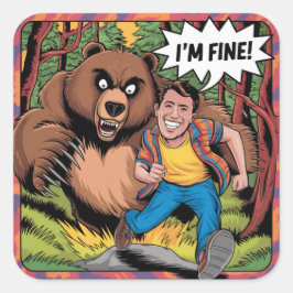 Funny Bear Chase "I'm Fine" Cartoon Illustration Quadratischer Aufkleber