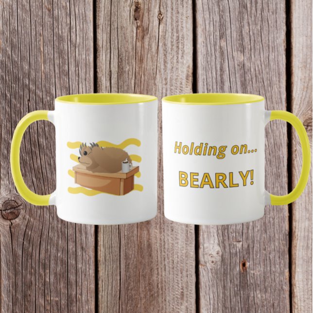 Funny Bear “Holding On, Bearly!” Design Tasse (Von Creator hochgeladen)