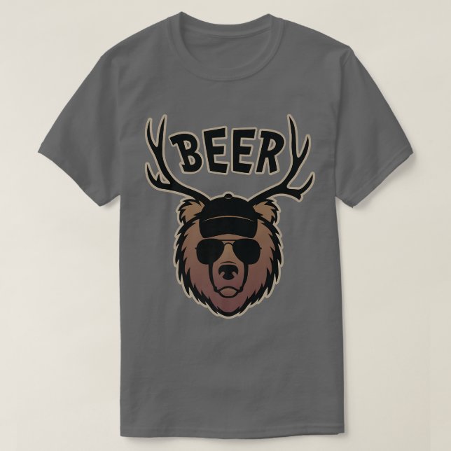 Funny Bear with Deer Antlers Beer Graphic Premium  T-Shirt (Design vorne)