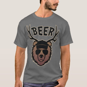 Funny Bear with Deer Antlers Beer Graphic Premium  T-Shirt