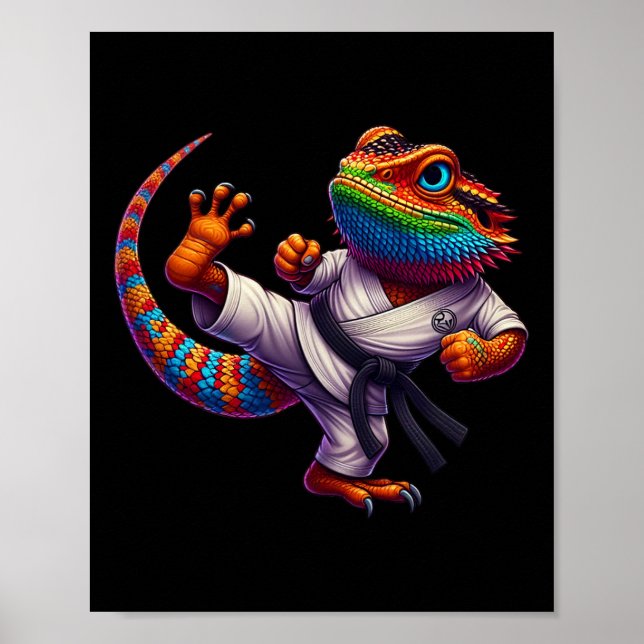 Funny Bearded Dragon High Kick Karate Samurai Ninj Poster (Vorne)