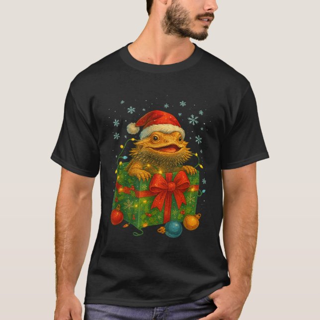 Funny Bearded Dragons Santa Christmas Tree Lights  T-Shirt (Vorderseite)