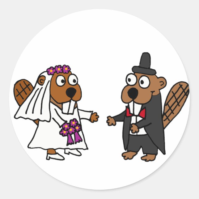 Funny Beaver Braut und Groom Wedding Runder Aufkleber (Vorderseite)