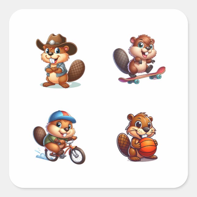 Funny Beaver Cartoon Character 4 Pack Stickers (Vorderseite)