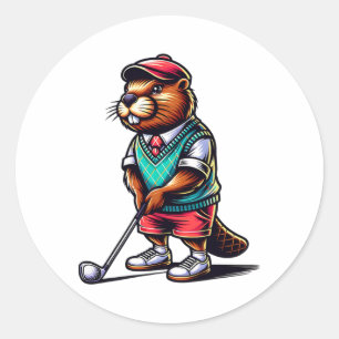 Funny Beaver Golfer Rodent Golfsport Runder Aufkleber
