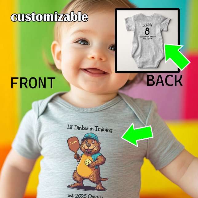 Funny Beaver Pickleball Baby Strampler (Cute pickleball bodysuit with beacer playing pickleball, custom text back and front)
