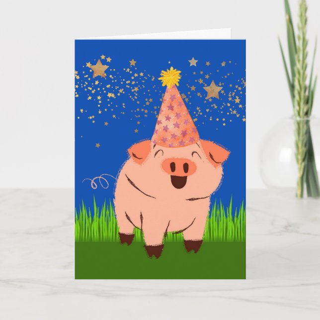 Funny Belated Birthday mit Schwein in Birthday Hat Karte (Vorderseite)