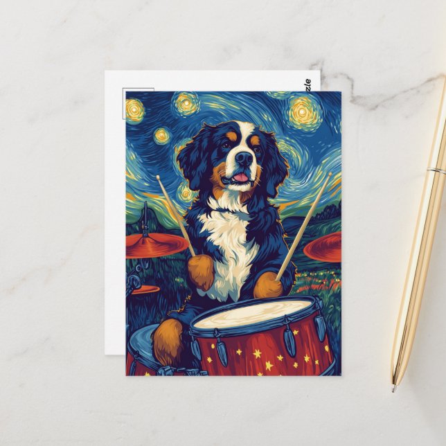 Funny Bernese Mountain Dog Drummer Postkarte (Vorderseite/Rückseite Beispiel)