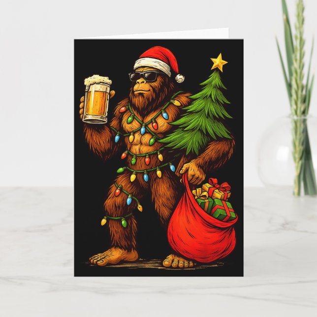 Funny Big Foot Santa Hat Drink Christmas Tree Xmas Karte (Vorderseite)