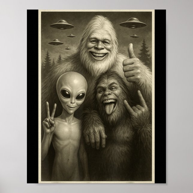 Funny Bigfoot, Alien, &amp; Yeti Sasquatch Rock On Poster (Vorne)