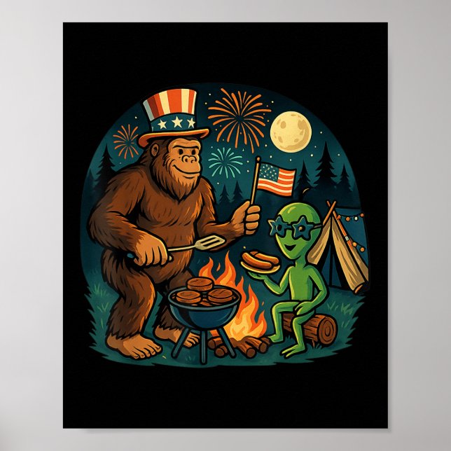 Funny Bigfoot Alien Grillen Campfire 4. Juli Ameri Poster (Vorne)