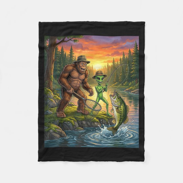 Funny Bigfoot Fishing Mens Alien Sasquatch Fishing Fleecedecke (Vorderseite)