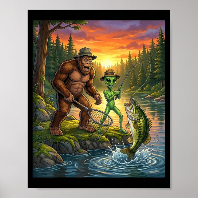 Funny Bigfoot Fishing Mens Alien Sasquatch Fishing Poster (Vorne)