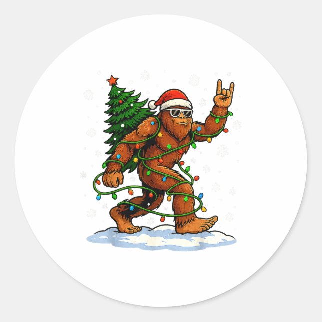 Funny Bigfoot Rock On Christmas Lights Snow Holida Runder Aufkleber (Vorderseite)