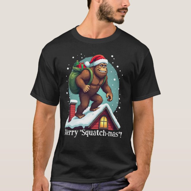 Funny Bigfoot Santa Rooftop T-Shirt Merry Squatchm (Vorderseite)