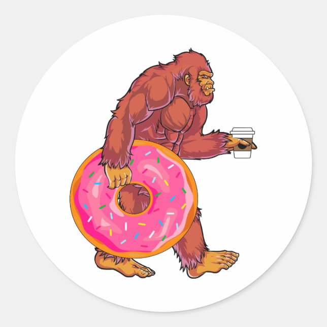 Funny Bigfoot Wandern mit großer Donut und Kaffee Runder Aufkleber (Vorderseite)