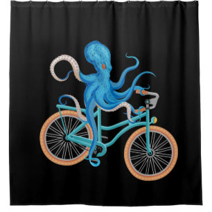 Funny Bike Riding Under the Sea Octopus Black Duschvorhang