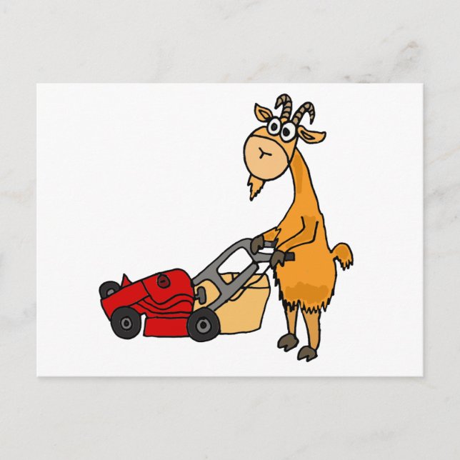 Funny Billy Goat Pushing Lawn Mower Cartoon Postkarte (Vorderseite)