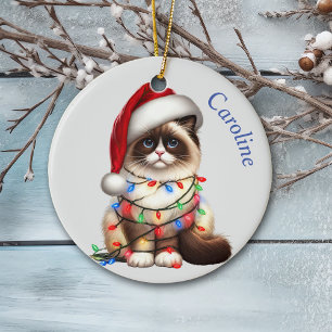 Funny Birman Cat Wrackte in Weihnachtslicht Keramik Ornament